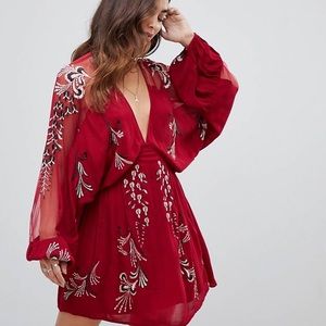 Free People Long Sleeve Boho Mini Dress with Sheer Shoulder/Back, New with tags!